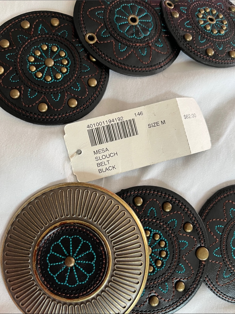 Chico’s VTG  NWT Mesa slouch belt black teal leather conchos brass round buckle - Picture 7 of 11